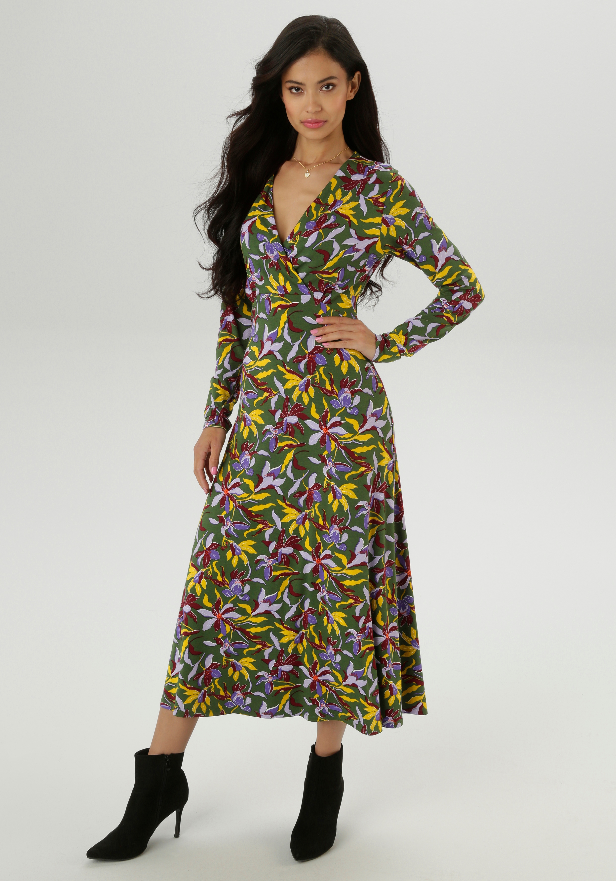 Maxikleid ANISTON SELECTED, Damen, Gr. 42, N-Gr, rot (oliv, senf, flieder, lila, bordeaux), Single Jersey, Obermaterial: 95% Viskose, 5% Elasthan, bedruckt, geblümt, gemustert, figurumspielend knöchelfrei, V-Ausschnitt, Kleider, mit V-Ausschnitt in... Image