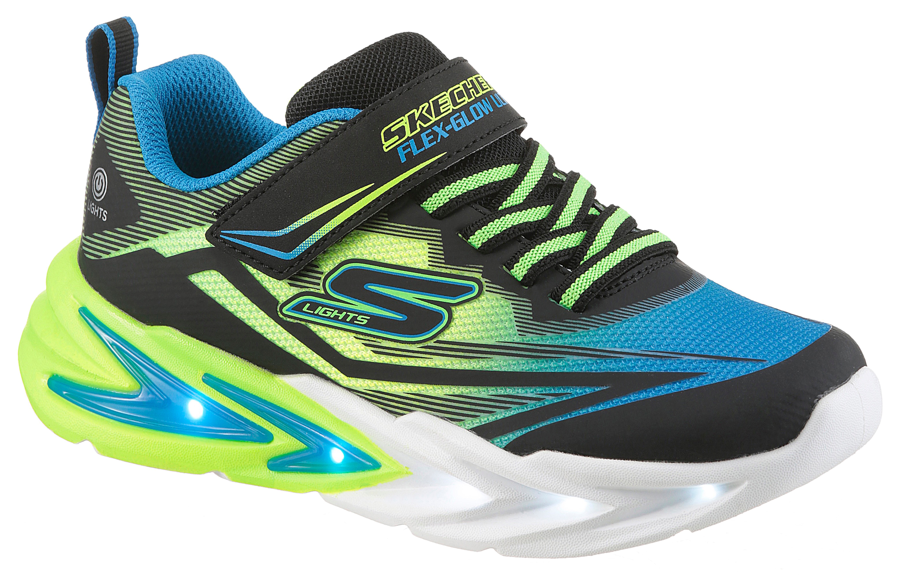 Sneaker SKECHERS "FLEX-GLOW ULTRA", Kinder, Gr. 30, bunt (schwarz, neongelb), Lederimitat, Textil, kontrastfarbene Details, Schuhe, Klettschuh zum Schlüpfen, Größenschablone zum Download Image