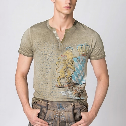 Lederhosen T-Shirt Match Henley-Shirt Bayerisch München Deutsch alpin Erbe T-Shirt Ärmel Grafik für Herren Erwachsene 3D-Druck für Karneval Oktoberfestbier Party Image