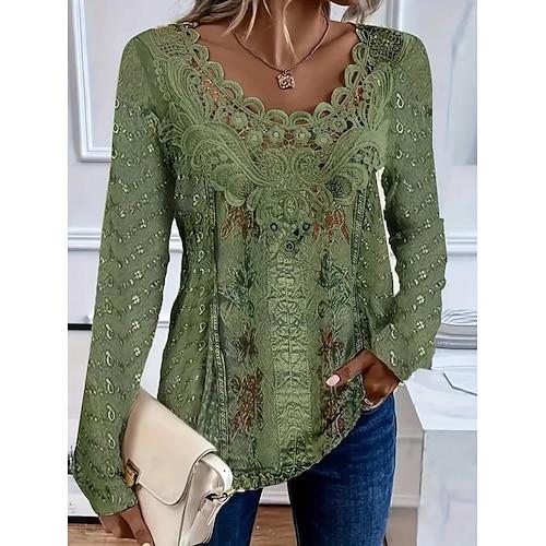Damen Oberteil mit Spitzenspleiß Blumen Vintage Basic Lässig Langarm V Ausschnitt Normale Oberteile Täglich Spitze Patchwork Druck Grün Sommer Frühling