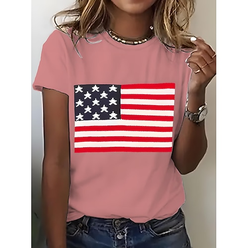 Unabhängigkeitstag Patriotisches Damen T-Shirt Grafik Flagge Nationalflagge Vintage Stylisch Klassisch Kurzarm Rundhals Reguläre Oberteile Alltag Druck Schwarz Weiß Pink Blau Lila Sommer Frühling Image
