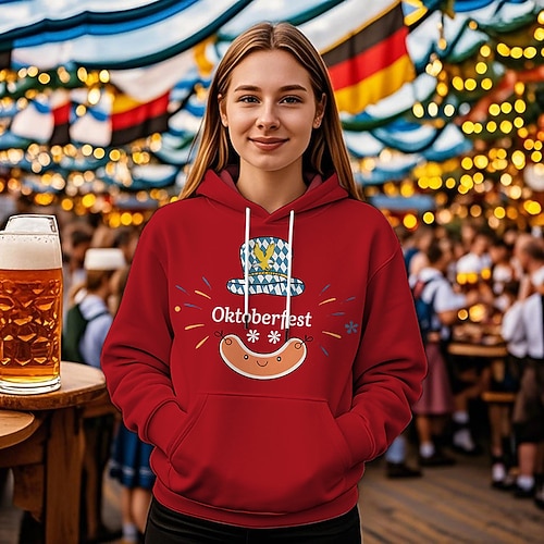 Kapuzensweatshirt Druck Lässig Bayerisch Bischofsärmel Fronttasche Grafik für Damen Erwachsene Heißprägen für Karneval Oktoberfestbier Urlaub Party Image