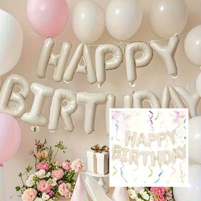 "TEMU Elegant Cream White "happy Birthday" Balloons - Reusable Polyester Foil Letters, Reflective Surface, Indoor/outdoor Party Decorations For Family, Seasonal Celebrations, Birthday Party Decorations" Image