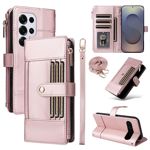 Handy Hülle Handyhüllen Für Samsung Galaxy S25 S25 Edge S24 S24 FE S23 Ultra Plus S22 Plus Ultra Brieftaschenhülle Mit Ständer Reisverschluss Vollschutz Retro TPU PU-Leder Image