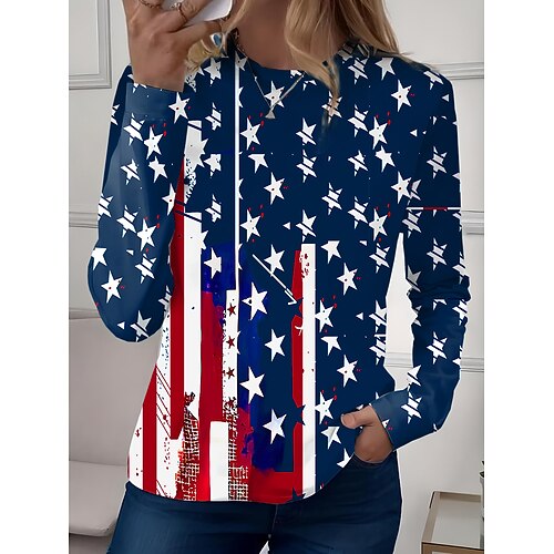 Unabhängigkeitstag Patriotic Damen T-Shirt Langarm Rundhals Langarm Tunika Grafik Flagge Vintage Stilvoll Klassisch Rundhals Täglich Wochenende Druck Weiß Rot Marineblau Blau Rot Blau Image