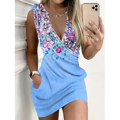 Damen Minikleid Sommerkleid Etui-Kleid Wickelkleid Lässig Täglich Normale Passform Blumen Grafik Ärmellos Rundhalsausschnitt Blau Purpur Orange Grün Sommer