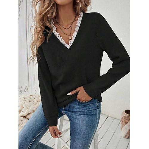 Damen Oberteil mit Spitzenspleiß Einfarbig Stilvoll Lässig Langarm V Ausschnitt Normale Oberteile Täglich Spitze Patchwork Schwarz Weiß Blau Beige Grau Frühling Herbst Winter
