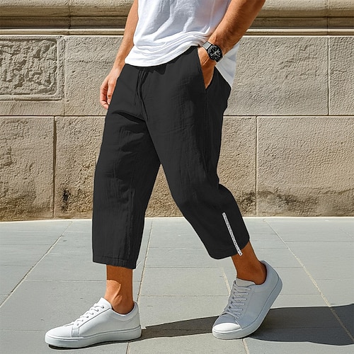 Herren Leinenhosen Hose Sommerhose Baggy-Hosen Strandhose Reißverschluss Elastischer Bund Kordelzug Einfach Komfort Atmungsaktiv Knöchellang Lässig Täglich Ferien Urlaub Mode Schwarz Weiß Unelastisch Image