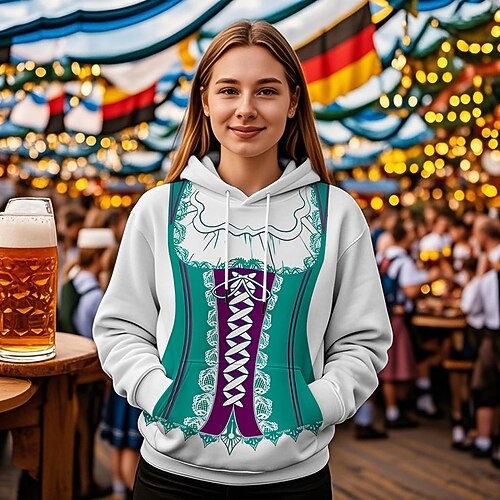 Druck Bischofsärmel Kapuzensweatshirt Oktoberfestbier Fronttasche Grafik für Damen Erwachsene 3D-Druck für Karneval Oktoberfestbier Urlaub Party Image
