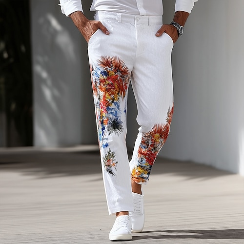 Herren Blumendruck Blumen Anzughose Hose Mittlere Taille Lässig Outdoor Urlaub Normale Passform Flache Front Gerade geschnittene Hose mit Taschen Sommer Frühling Herbst 3D-Druck Weiß Image