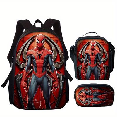 TEMU Genuine Spider-man Series 3pcs Set: Anime-style Backpack, Crossbody Bag, Pencil Case, College Casual Bag, Laptop & Tablet Storage Bag, Travel Organizer Image