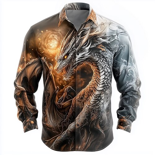 Herren Tiermotiv Drache Hemd Knopfhemd Langarm Modisch lässig Urlaub Täglich Streetwear Sommer Frühling Umlegekragen 3D-Druck Hemden mit Kragen Weiß Braun Image
