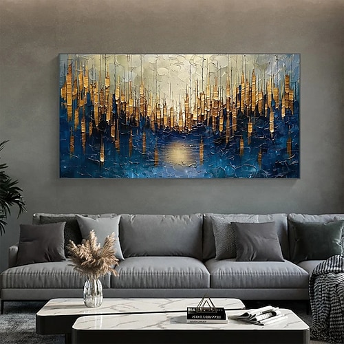 großes originales Ölgemälde in Gold auf Leinwand, abstraktes minimalistisches blau strukturiertes Wandbild, individuelles Gemälde, Boho Wanddekoration, Wohnzimmer Wanddekoration Image