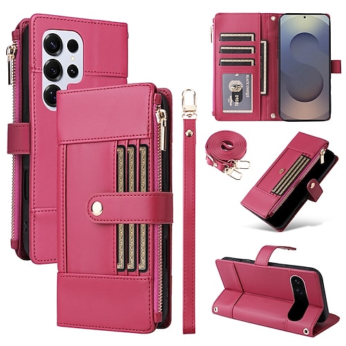 Handy Hülle Handyhüllen Für Samsung Galaxy S25 S25 Edge S24 S24 FE S23 Ultra Plus S22 Plus Ultra Brieftaschenhülle Mit Ständer Reisverschluss Vollschutz Retro TPU PU-Leder Image