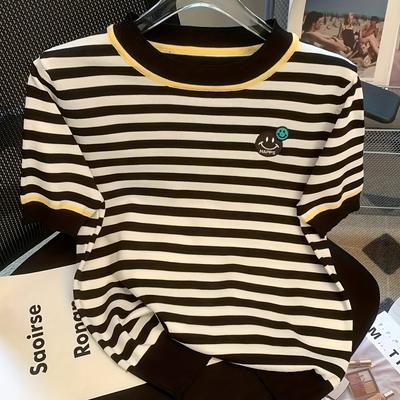 TEMU Valentine's Day Round Neck Sweater, Spring/summer Casual Short Sleeve Embroidered Striped Color Block Women's Pullover Image