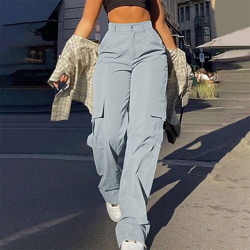 Damen Cargo-Hosen Hosen Hose Mode Streetwear Volle Länge Natürliche Taille Einfarbig Tasche Bequem Mikroelastisch Sport Outdoor Alltagskleidung Silbergrau Wein Schwarz Weiß Sommer Frühling Normale Image