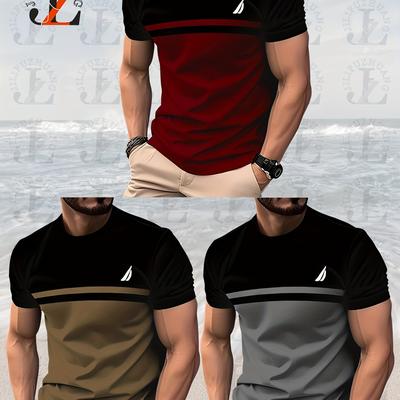 TEMU 3pcs Men's Casual 3d Print T-shirt Set - Color , Short Sleeve, Round Neck, Lightweight & Breathable For Summer, Sports & Casual Wear, Beach Attire||stretchable Fabric Image