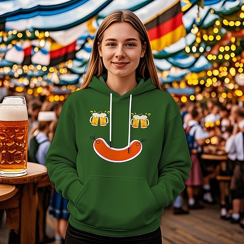 Kapuzensweatshirt Druck Lässig Bayerisch Bischofsärmel Fronttasche Grafik für Damen Erwachsene Heißprägen für Karneval Oktoberfestbier Urlaub Party Image