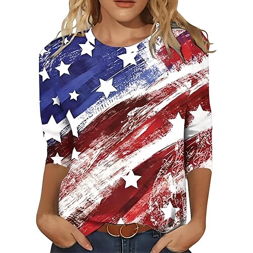 Unabhängigkeitstag Patriotic Damen T-Shirt Langarm Rundhals Langarm Tunika Grafik Flagge Vintage Stilvoll Klassisch Rundhals Täglich Wochenende Druck Weiß Rot Marineblau Blau Rot Blau Image
