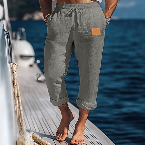 Herren Leinenhosen Hose Sommerhose Baggy-Hosen Strandhose Elastischer Bund Kordelzug Gerader Schnitt Einfach Komfort Atmungsaktiv Volle Länge Outdoor Ferien Strand Urlaub Mode Weiß Armeegrün Image