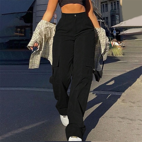 Damen Cargo-Hosen Hosen Hose Mode Streetwear Volle Länge Natürliche Taille Einfarbig Tasche Bequem Mikroelastisch Sport Outdoor Alltagskleidung Silbergrau Wein Schwarz Weiß Sommer Frühling Normale Image