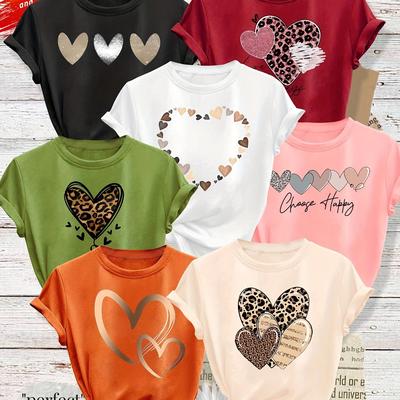 TEMU 7pcs Women's Graphic Print T-shirts - Casual Crew Neck Short Sleeve Tees With Heart & Letter Designs, Fabric, Machine Washable, Assorted Colors Image