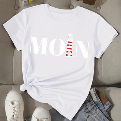 TEMU Women's Moont Lighthouse Graphic T-shirt - Vibrant Print, Comfortable Round Neck Short Sleeve Tee, Casual Sporty Style, Wear, Everyday Tshirt | Vibrant Print Tee | Medium Stretch Image