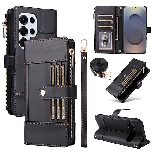 Handy Hülle Handyhüllen Für Samsung Galaxy S26 Ultra Plus S25 S25 Edge S24 S23 Ultra Plus S24 FE S22 Plus Ultra Brieftaschenhülle Mit Ständer Reisverschluss Vollschutz Retro TPU PU-Leder Image