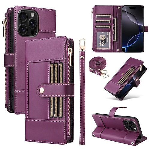 Handy Hülle Handyhüllen Für iPhone 16 15 14 Pro Max Plus 16e 13 Pro Max Brieftaschenhülle Mit Ständer Reisverschluss Vollschutz Retro TPU PU-Leder Image