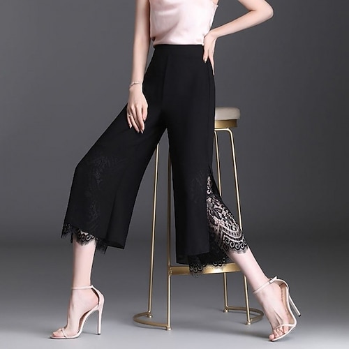 Damen Weites Bein Caprihose Streetwear Lässig Wadenlang Hohe Taille Einfach Spitze Atmungsaktivität Weich Mikroelastisch Urlaub Straße Alltagskleidung Schwarz Sommer Normale Passform Image