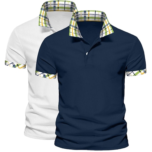 Herren Einfarbig Karomuster Farbblock Poloshirts Golfshirt Kurzarm Revers Lässig Sport Outdoor Geschäft Lässig 2 teilig Knöpfe Mehrfachpackung Sommer Frühling Frühling Herbst DunkelblauWei Image