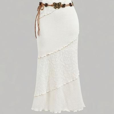 TEMU Elegant Bohemian Style Women' With Belt - White, Design, Frill Detail, Spring/summer, Casual Attire|bohemian Style| Texture Image