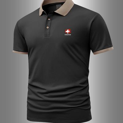 TEMU Men's Swiss Flag Shirt - Black With Red & White Background, Short Sleeve, Button-up Collar, Casual Summer Golf & Streetwear Shirt, Golf Shirt, Sleek Sporty Design, Durable Fabric Image