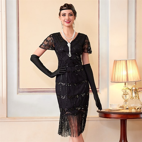 Goldene Zwanziger 1920er Knielang Kleid Flapper Kleid Outfits Kurze Ärmel Der große Gatsby Hochzeitsgast Pailletten Quastenfransen V Ausschnitt Kostüm Damen Weihnachten Karneval Maskerade Image