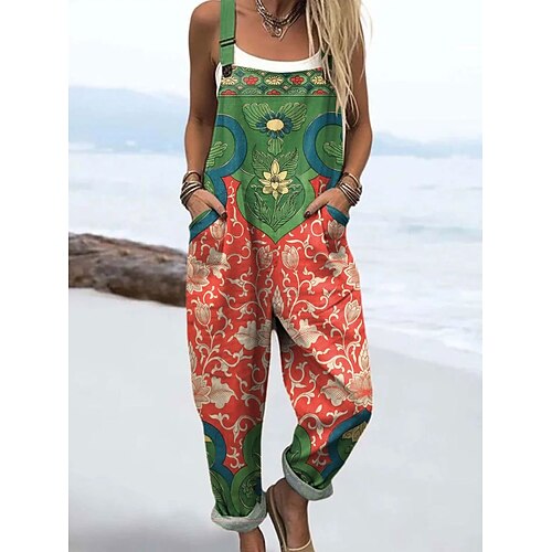 Damen Latzhose Aktiv Blumen Ärmellos mit Tasche Urlaub Täglich Lässiger Schnitt Rosa Blau Grün Sommer Image
