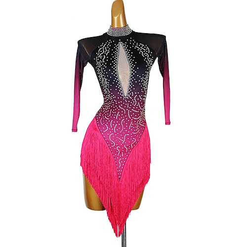 Latin Salsa Tanzkleid Quaste Strass Damen Performance Party Langarm Rumba Chacha Tanzbekleidung Kostüme Image