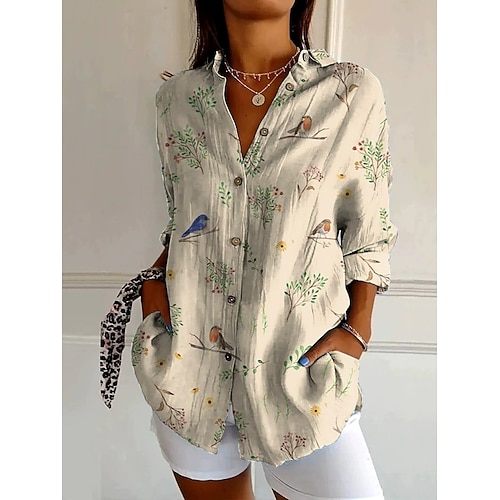 Damen Hemd Leinenähnlich Atmungsaktiv Leicht Knopfverschluß Tunika Hemd Kragen Lange Ärmel Floral Vintage Täglich Stilvoll Tägliche Urlaub Ferienbekleidung Druck Weiß Hellgrün Hellbraun Blau Khaki Image