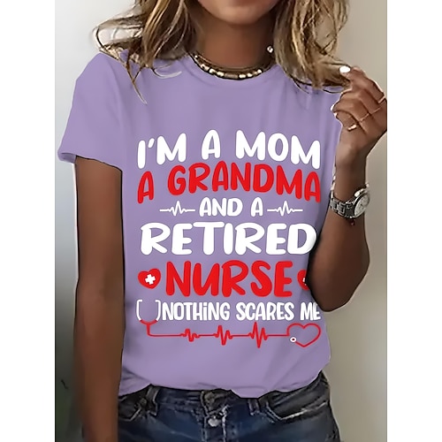 Damen T Shirt Druck Grafik Buchstabe Vintage Stilvoll Klassisch Kurzarm Rundhalsausschnitt Rundhals Normale Oberteile Täglich Wochenende Blau Schwarz Weiß Rosa Purpur Sommer Frühling MOM Image