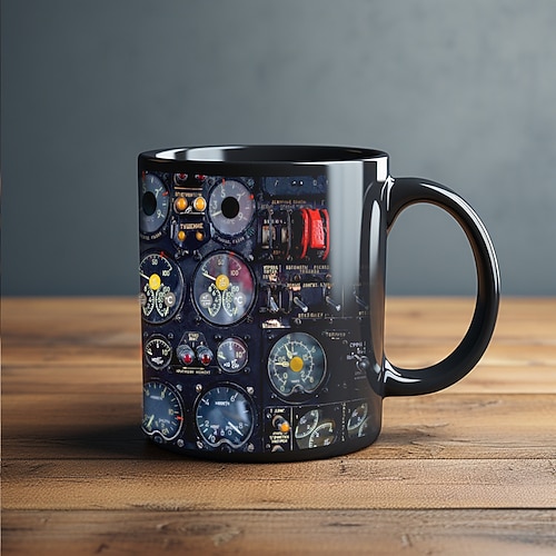 Tasse mit Instrumententafel im Cockpit eines Raumschiffs, 330 ml/12 oz schwarze Kaffeetasse aus Keramik, kreative Geschenktasse für Luft- und Raumfahrtpiloten für Flugbegeisterte, Ingenieure, Image