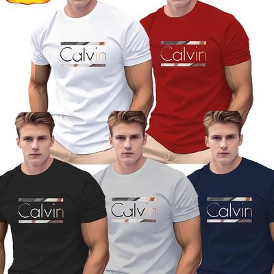 TEMU 5pcs & Men's Graphic T-shirts - Breathable, Lightweight Summer Tees For Running, Fitness & Casual Wear - White, Black, Red, Navy Blue, Blue With Logo Design Image