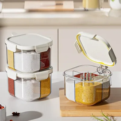 4 Compartment Kitchen Spice Storage Container Large Capacity Seasoning Organizer with Lid Multi-Cell Salt Sugar Condiment Box