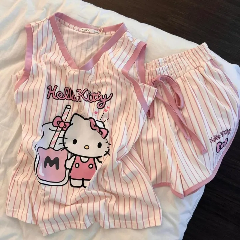 Rosa Kawaii Hello Kitty ärmelloses Pyjama-Set für Damen, Sommer, Cartoon-Anime, bedruckte Weste, Shorts, modisch, gestreift, Heimkleidung