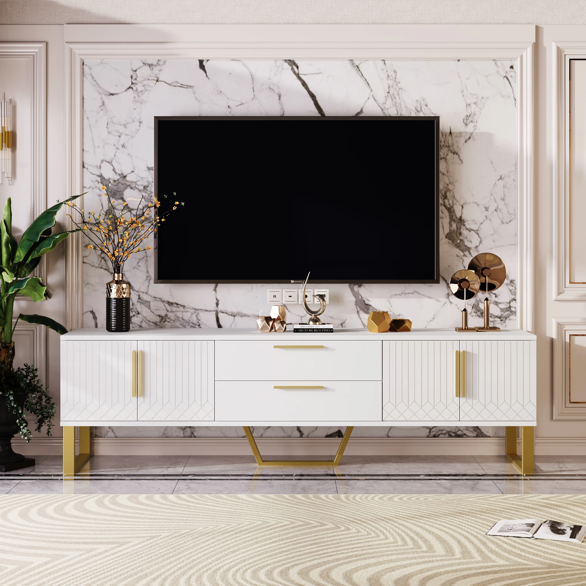 Ensemble de meubles de meuble TV brillant avec 4 portes et 2 tiroirs, meuble de salon en MDF de Style moderne, meuble multimédia