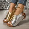 Beige Sandalen mit Absatz, Clogs, Keilabsatz, bequeme Schuhe für Damen, große Größe, Kreuz, 2025,