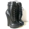 Schwarz matt schnüren mittel kalb stiefel keil absatz plattform modisch cool sexy western winter frau schuhe zapatillas mujer