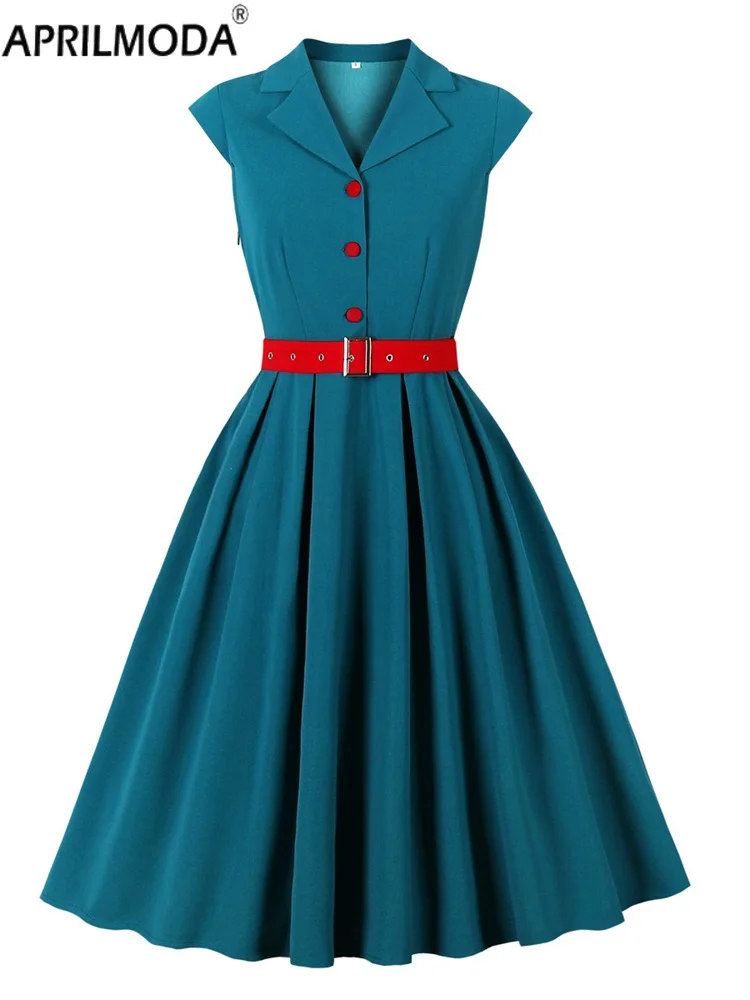 Retro Vintage High Waist Shirt Sommer Damen Kleid mit Gürtel Elegant 1950er Jahre Stil Swing Pinup Rockabilly Kleider Abendkleider