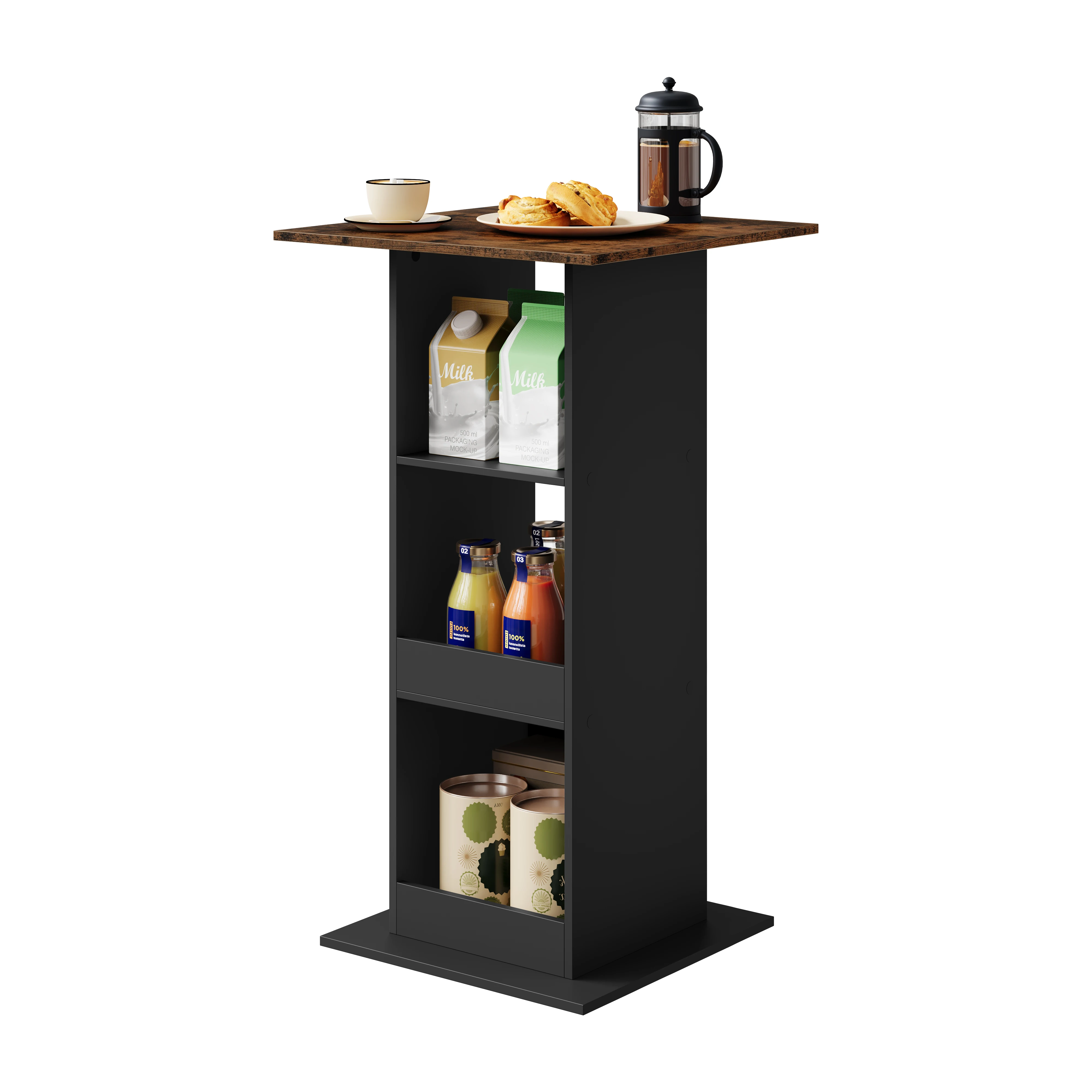 WOLTU Tavolo da bar in legno Tavolo da bistrot marrone rustico con 3 ripiani Tavolo da bancone quadrato per cucina Sala da pranzo Altezza casa 112 cm