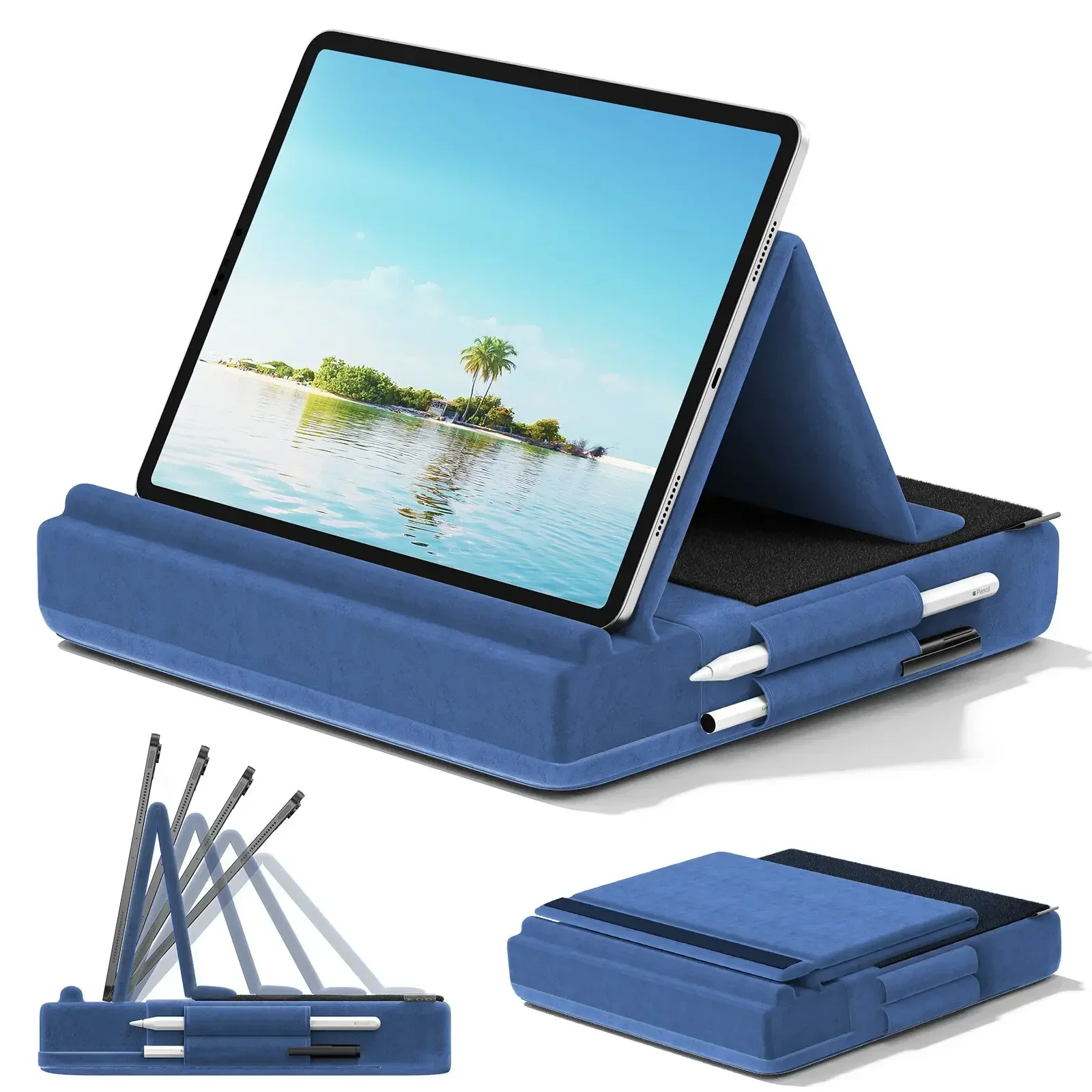 Verbesserter Tablet-Kissenständer mit mehreren Winkeln, Ipad-Halter für Schoßbett und Schreibtisch, faltbares Soft-Pad-Dock mit Stylus-Halterung Image
