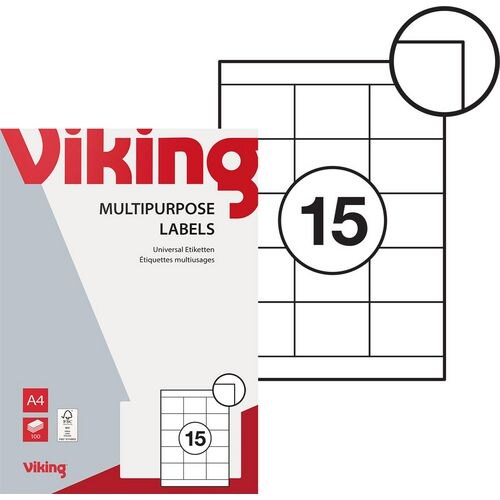 Viking Universaletiketten Selbsthaftend 70 x 50,8mm Weiß 100 Blatt mit 15 Etiketten Image