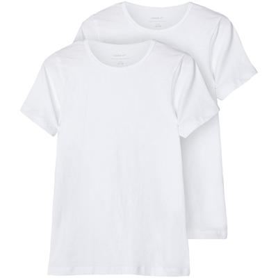 T-Shirt NAME IT "NKFHIPSTER für Mädchen mit elastischem Bund im 2er-Pack", Jungen, Gr. 146 (152), weiß (hellweiß), Jersey, Obermaterial: 95% Baumwolle, 5% Elasthan, unifarben, casual, slim fit hüftbedeckend, Rundhals, Kurzarm abgesteppte Kante,... Image